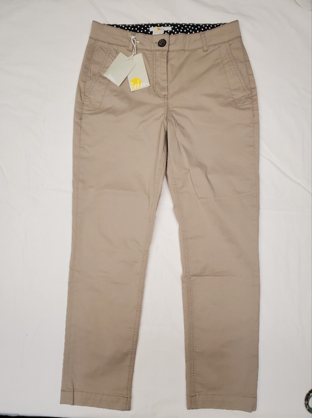 NWT Boden Khaki Chino Pants Straight Leg Cotton Polka Dot Lining UK 10P US 6P
